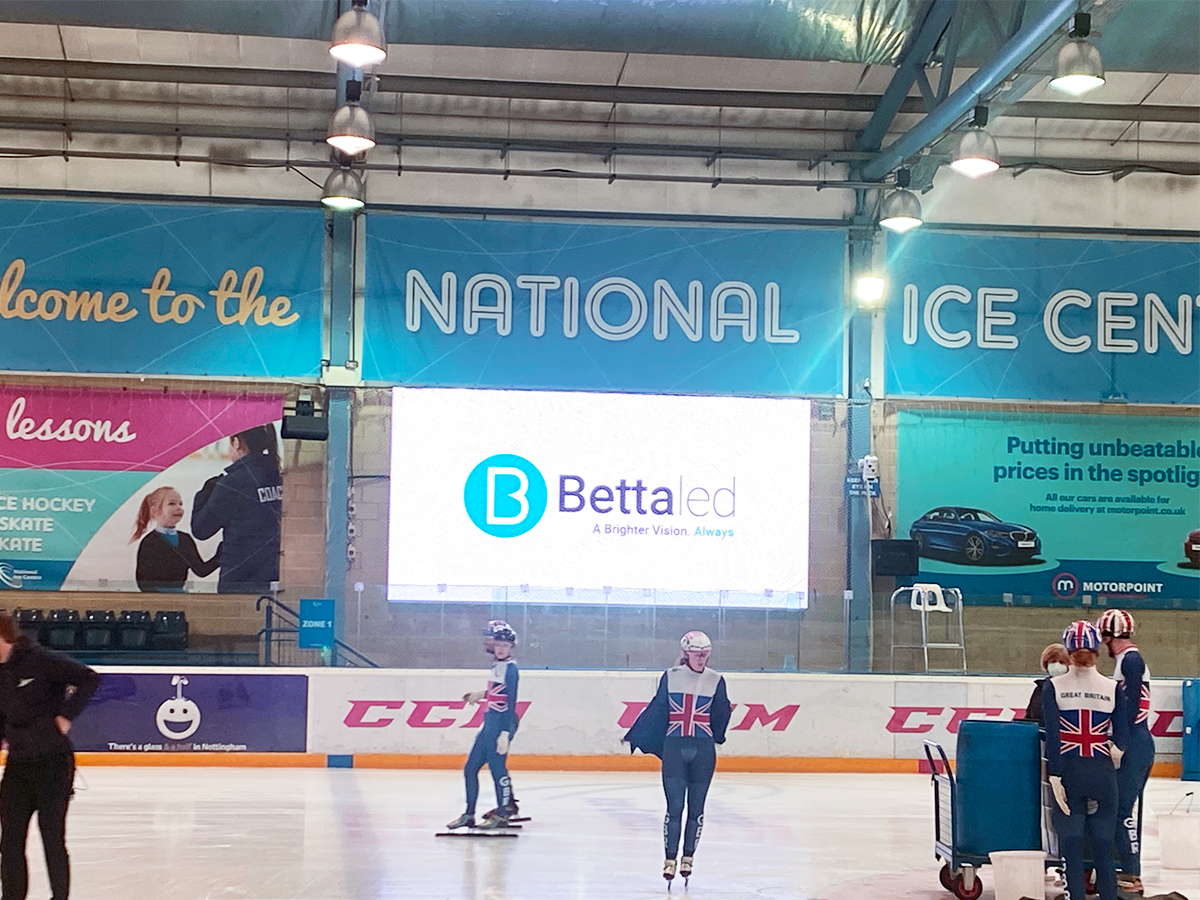 Betta-LED logo situated on an indoor led video wall installed next to the ice rink in the Nottingham arena