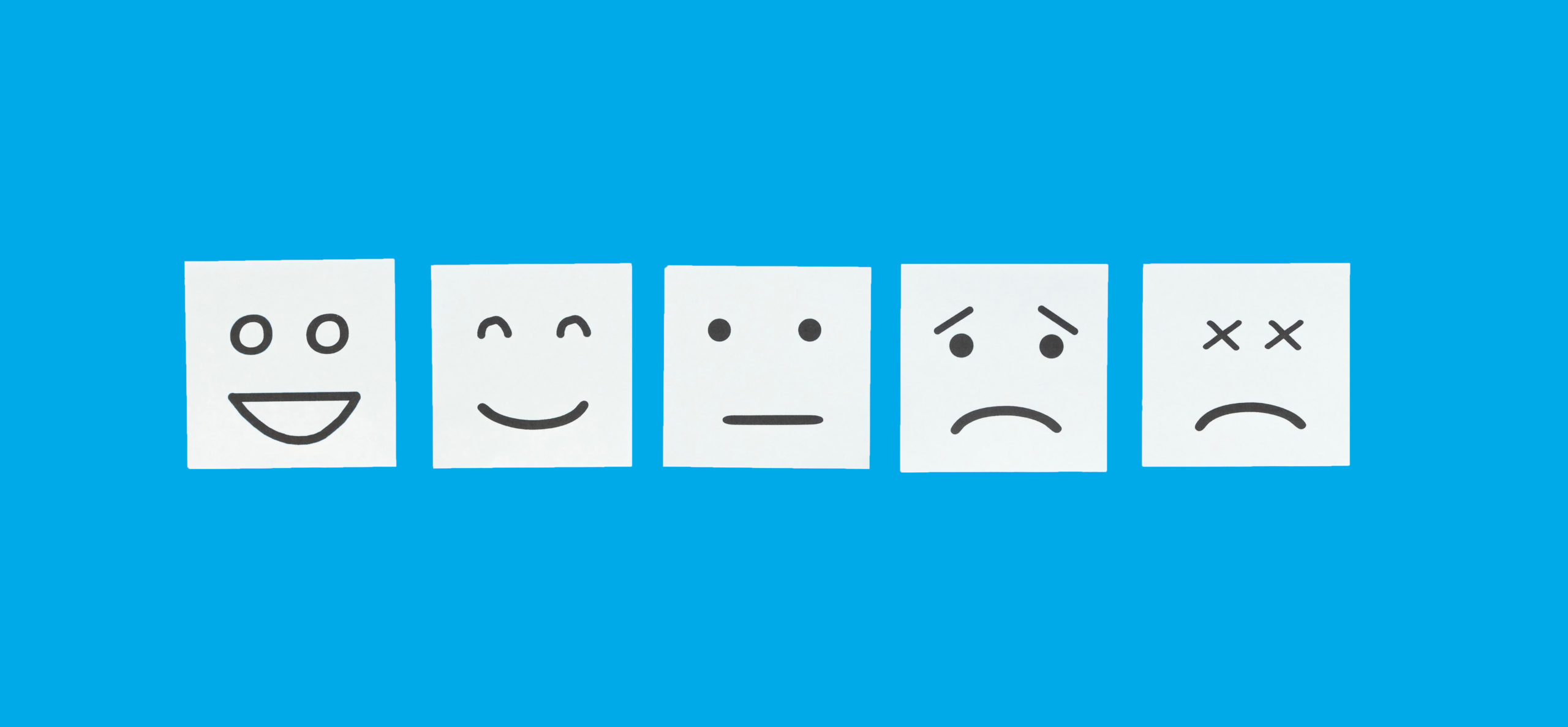 5 sticky notes, each displays an emotion. from left to right: Overjoyed, happy, neutral, sad, scared. Each one reflects an emotion that an LED display could potentially provoke